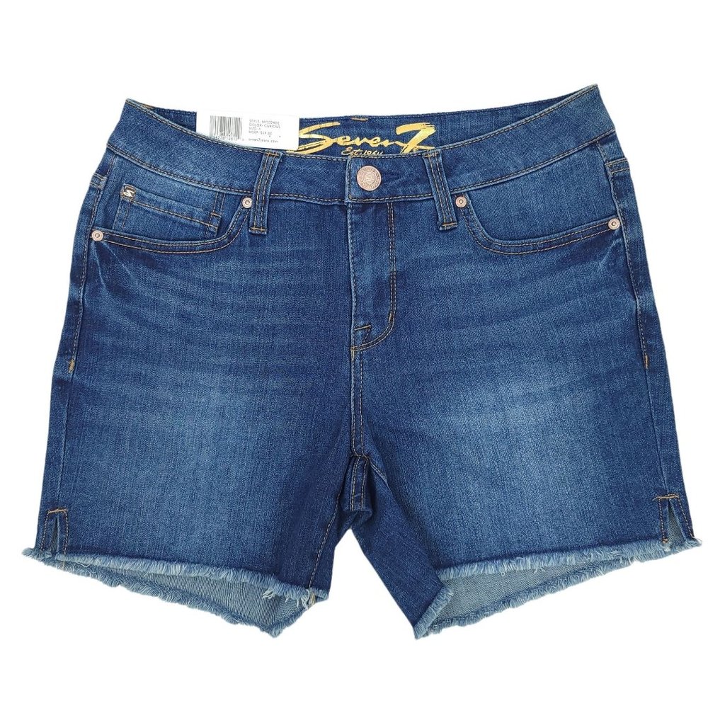 Seven7 Weekend Shorts Women Dark Wash Denim Jean Fray Hem 5" Inseam Stretch Sz 4
